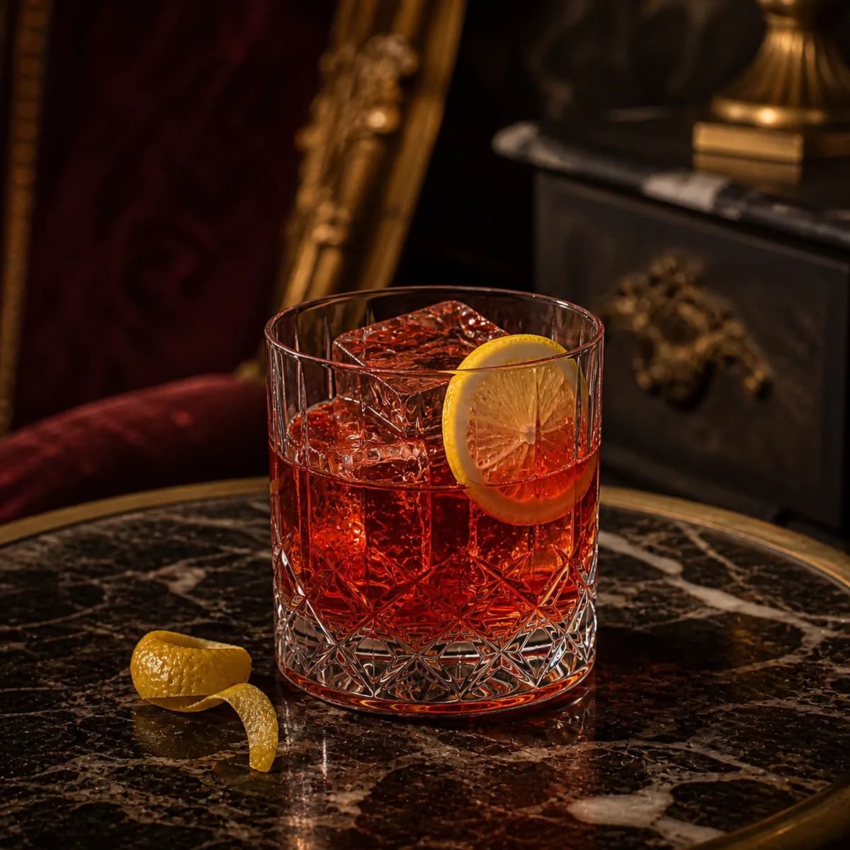 Brandy Daisy in a heavy low rocks glass styled in a Belle Époque salon bar with faded burgundy velvet, dark marble and aged brass.