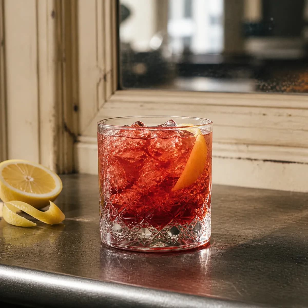 Brandy Fix in a heavy low rocks glass styled in a small French café bar with aged mirror, zinc counter and cream-painted wood.