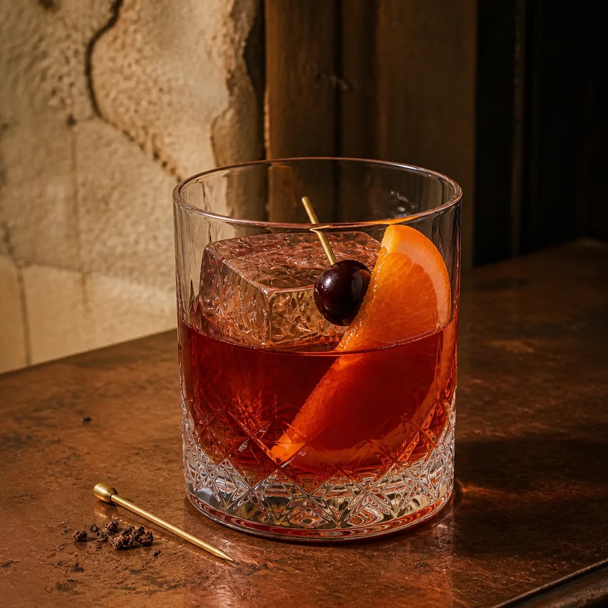Brandy Old Fashioned in a heavy low rocks glass styled in an intimate cellar salon with limewashed masonry, old oak and tarnished copper.