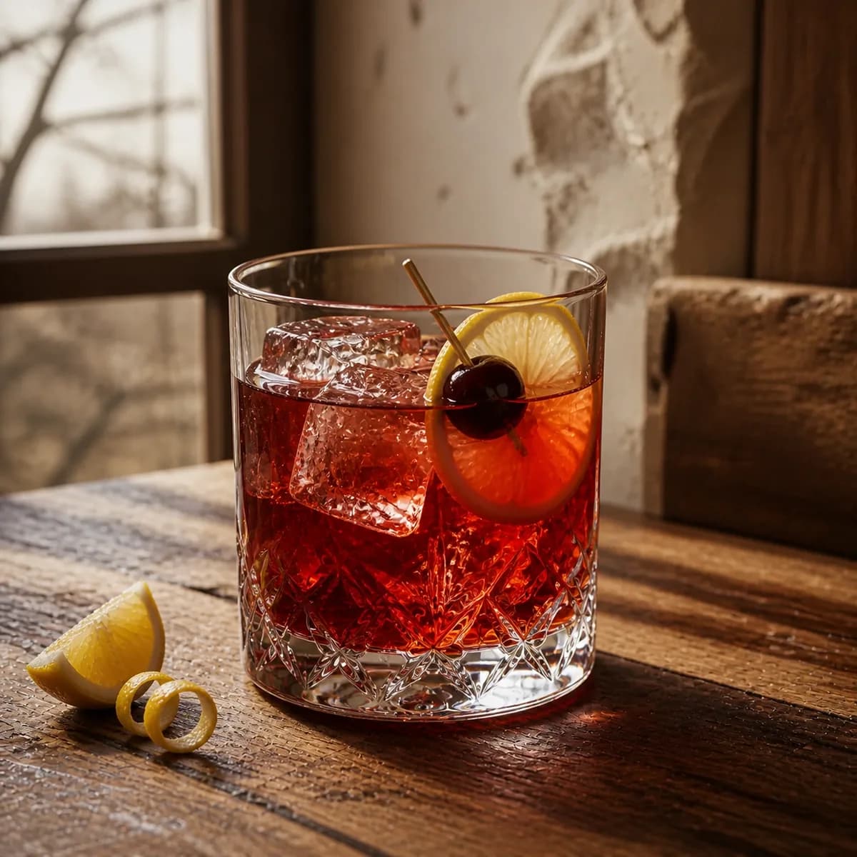 Brandy Sour in a heavy low rocks glass styled in an old orchard inn bar with pale plaster, applewood and a soft window looking onto bare branches.