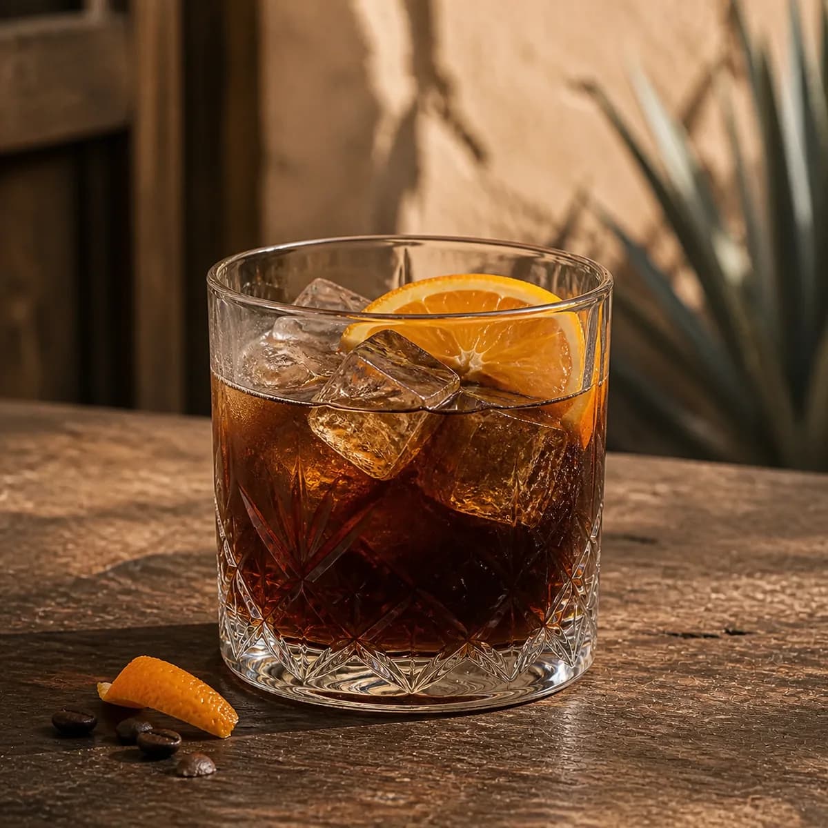 Brave Bull in a heavy low rocks glass styled in a desert lodge bar with chalky adobe, worn mesquite and a blurred agave silhouette.