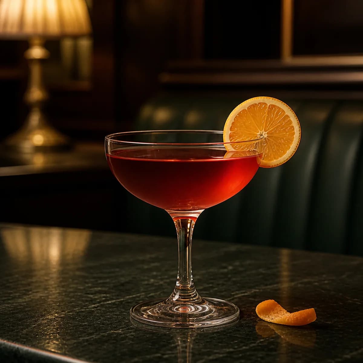 Broadway Smile in a clear shallow coupe styled in a quiet old hotel bar with sage leather, dark oak and one shaded brass lamp.
