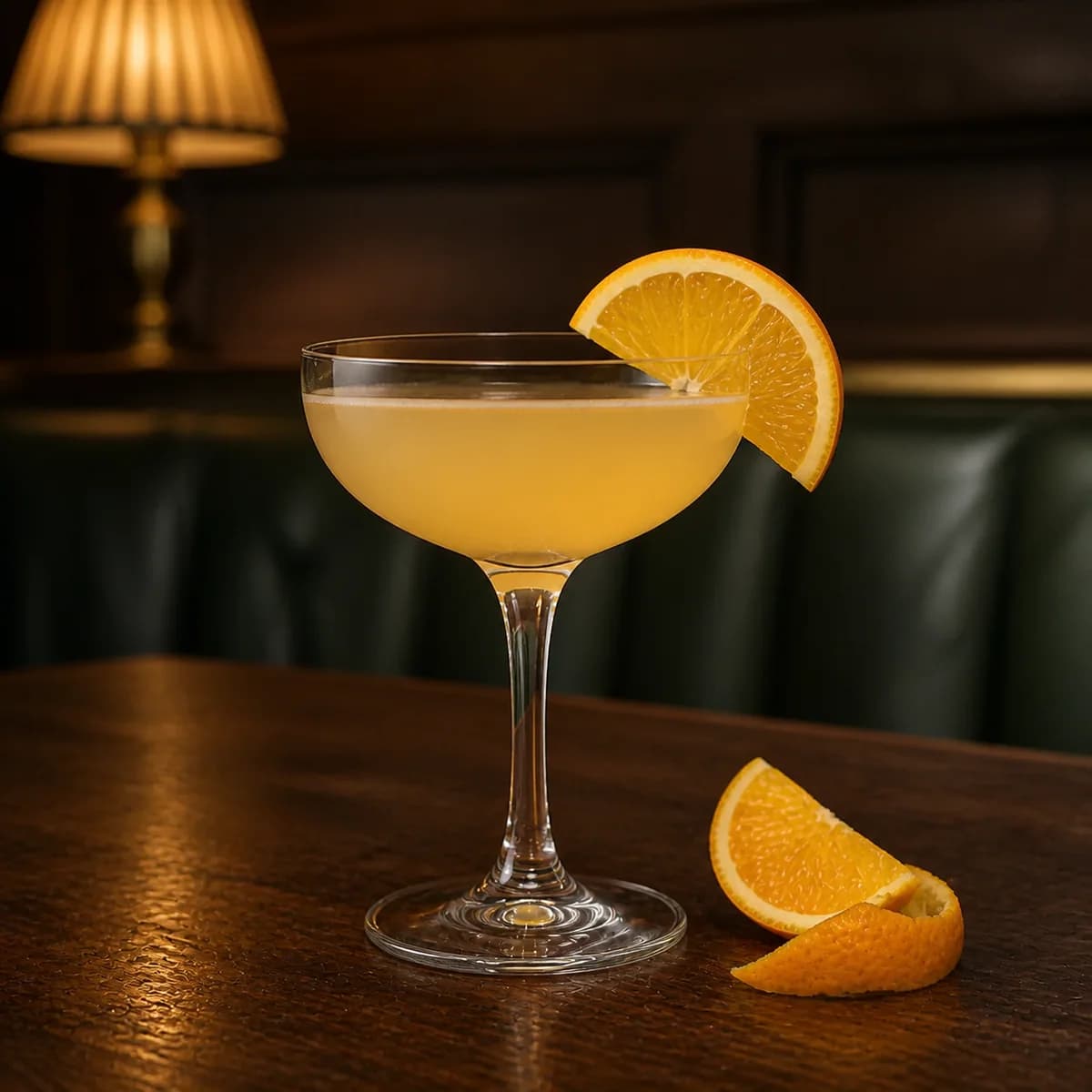 Bronx in a clear shallow coupe styled in a quiet old hotel bar with sage leather, dark oak and one shaded brass lamp.