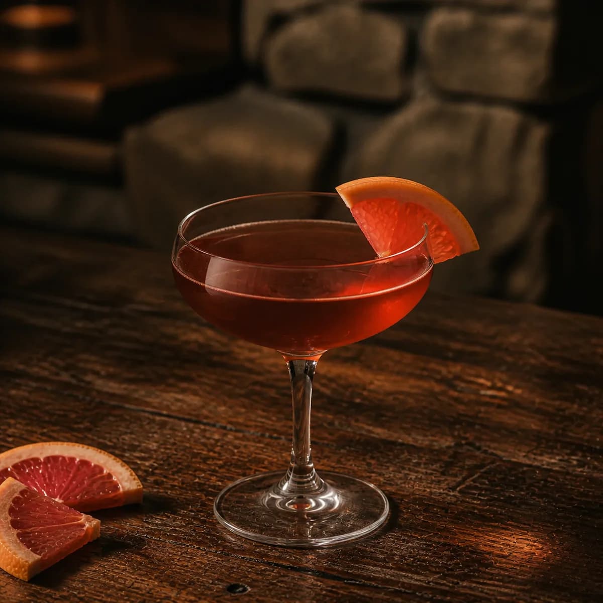 Brown Derby in a clear shallow coupe styled in a mountain lodge bar with timeworn oak, dark wool and rough local stone.