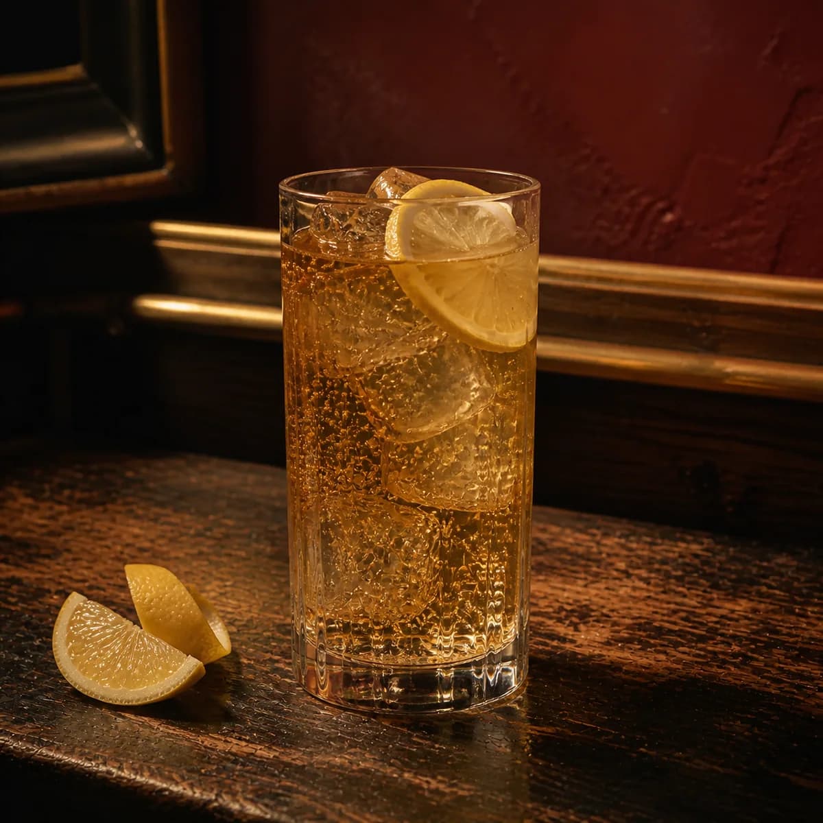 Cablegram in a tall straight-sided highball glass styled in a small jazz bar with oxblood plaster, old brass trim and scratched dark wood.