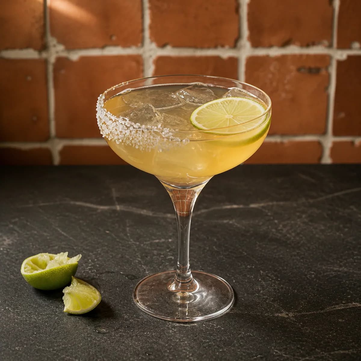 Cadillac Margarita in a wide stemmed margarita glass styled in a contemporary cantina with handmade terracotta zellige, imperfect grout and matte charcoal soapstone.