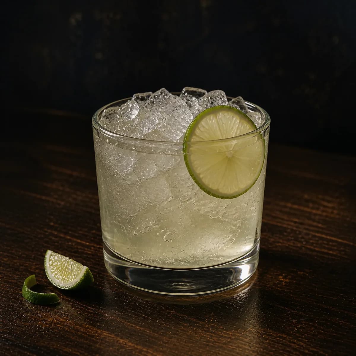 Caipiroska in a heavy low rocks glass styled in a late-night espresso bar with smoky navy limewash, scratched dark oak and restrained chrome highlights.
