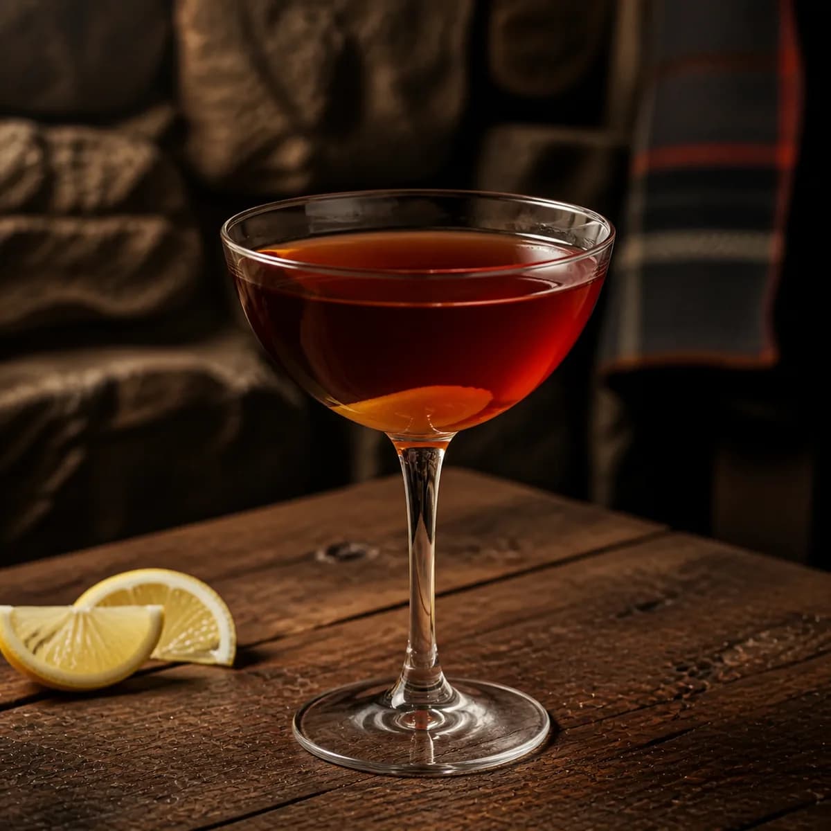 Cameron's Kick in a clear shallow coupe styled in a mountain lodge bar with timeworn oak, dark wool and rough local stone.