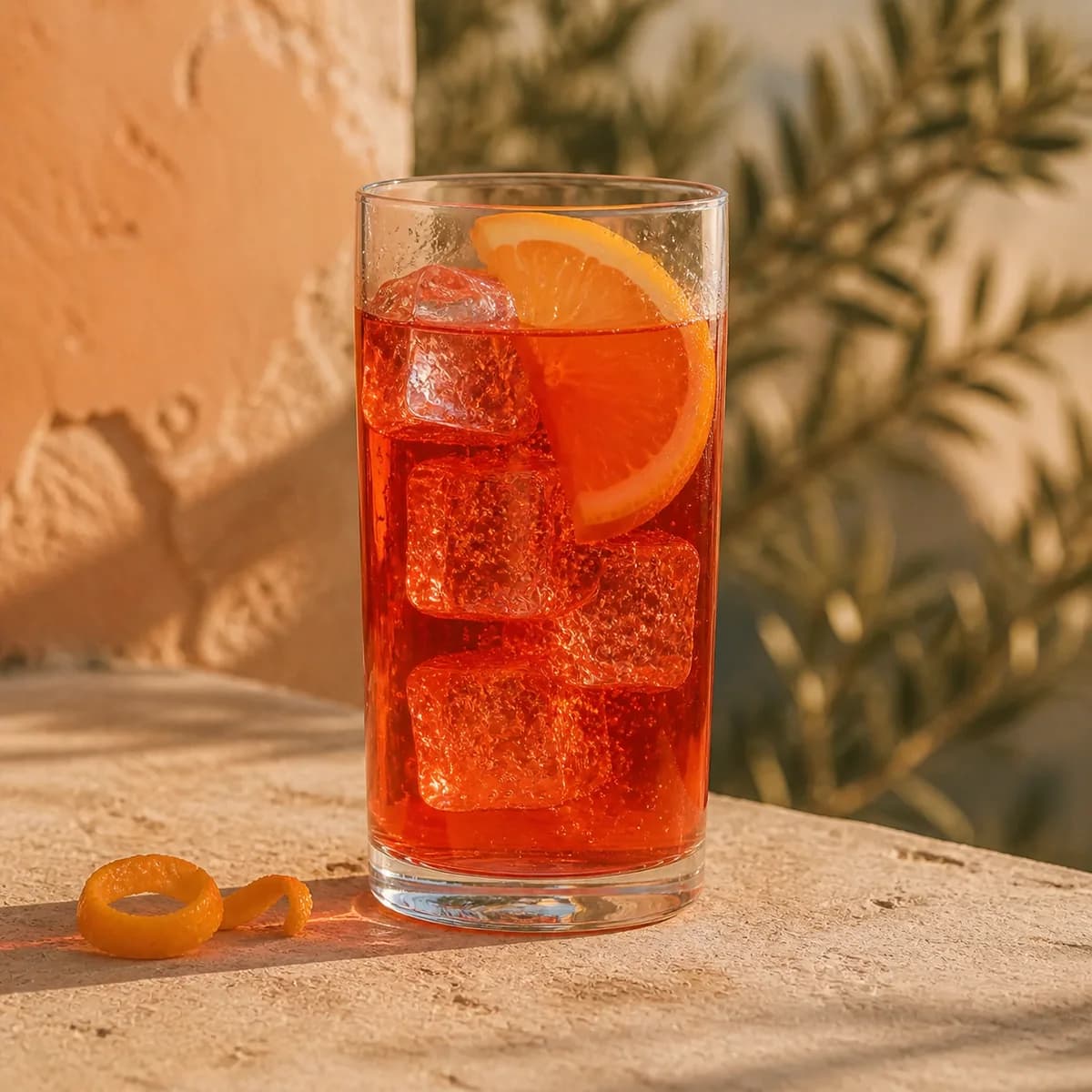 Campari Soda in a tall straight-sided highball glass styled in an Italian terrace with faded apricot stucco, pale limestone and blurred olive leaves.