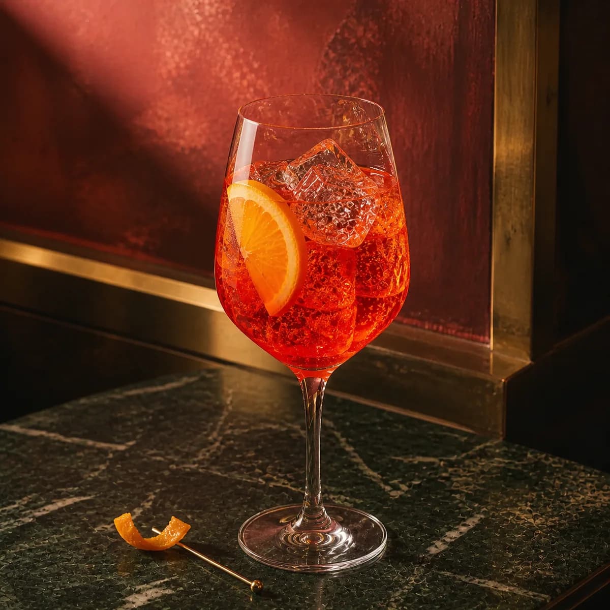 Campari Spritz in a large stemmed balloon wine glass styled in a Milan aperitivo bar with oxblood hand-painted plaster, asymmetric aged brass and dark green marble.