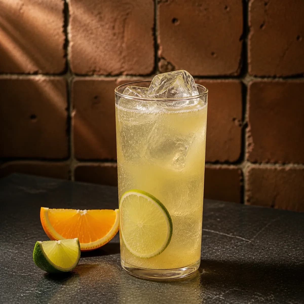 Cantarito in a tall straight-sided highball glass styled in a contemporary cantina with handmade terracotta zellige, imperfect grout and matte charcoal soapstone.