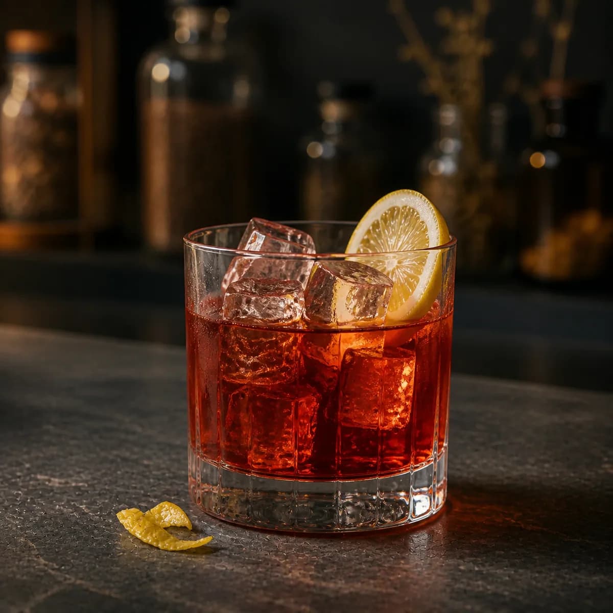 Cardinale in a heavy low rocks glass styled in a modern apothecary-style bar with charcoal slate, smoked glass and unlabeled botanical jars in blur.