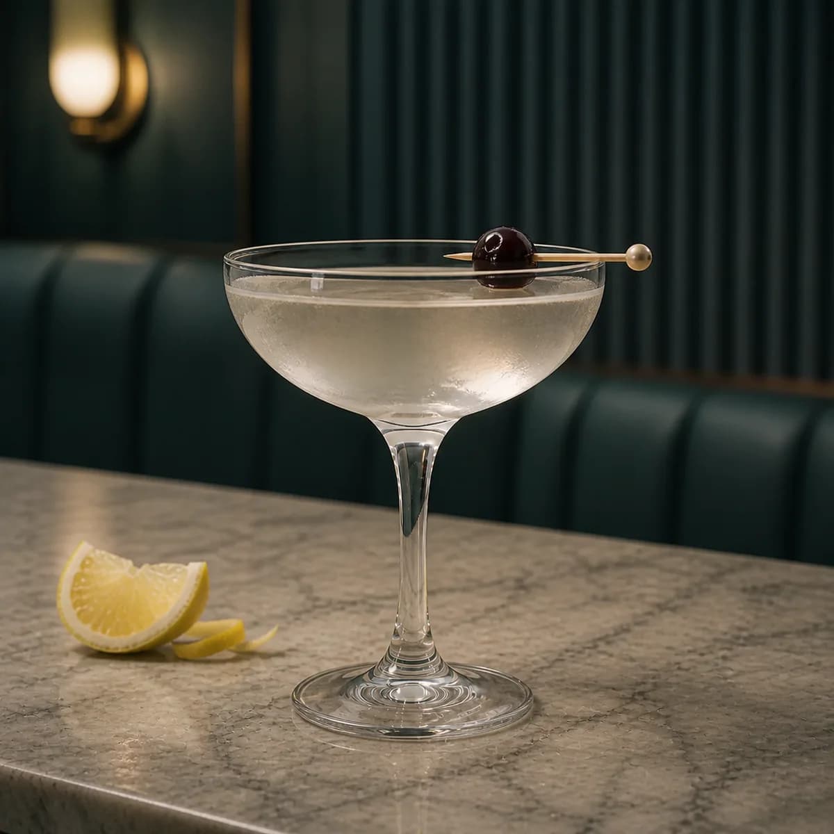 Casino in a clear shallow coupe styled in a cool Art Deco hotel bar with smoky teal fluting, pale gray marble and one asymmetric opal sconce.