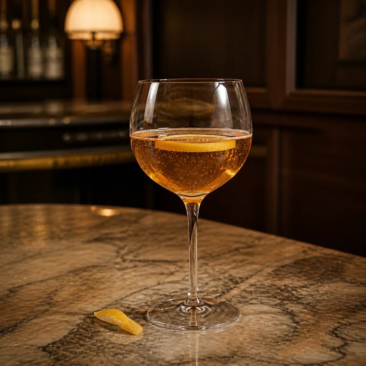 Champagne Cocktail in a large stemmed balloon wine glass styled in a grand but lived-in hotel bar with veined stone, dark cherry wood and an opal pendant.