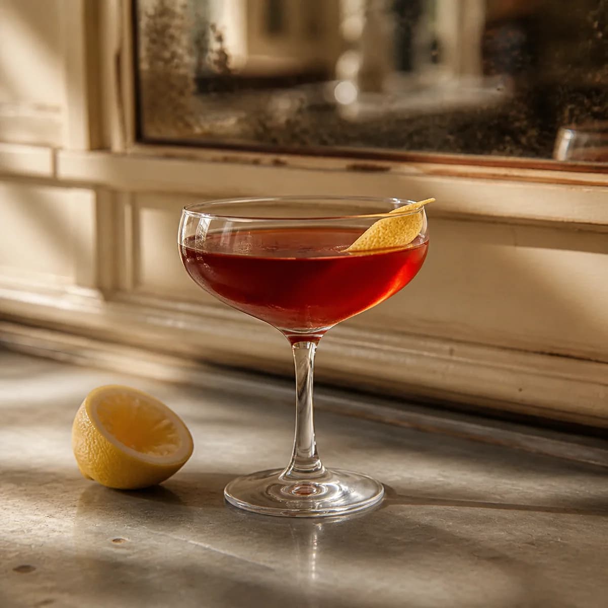 Champs-Élysées in a clear shallow coupe styled in a small French café bar with aged mirror, zinc counter and cream-painted wood.