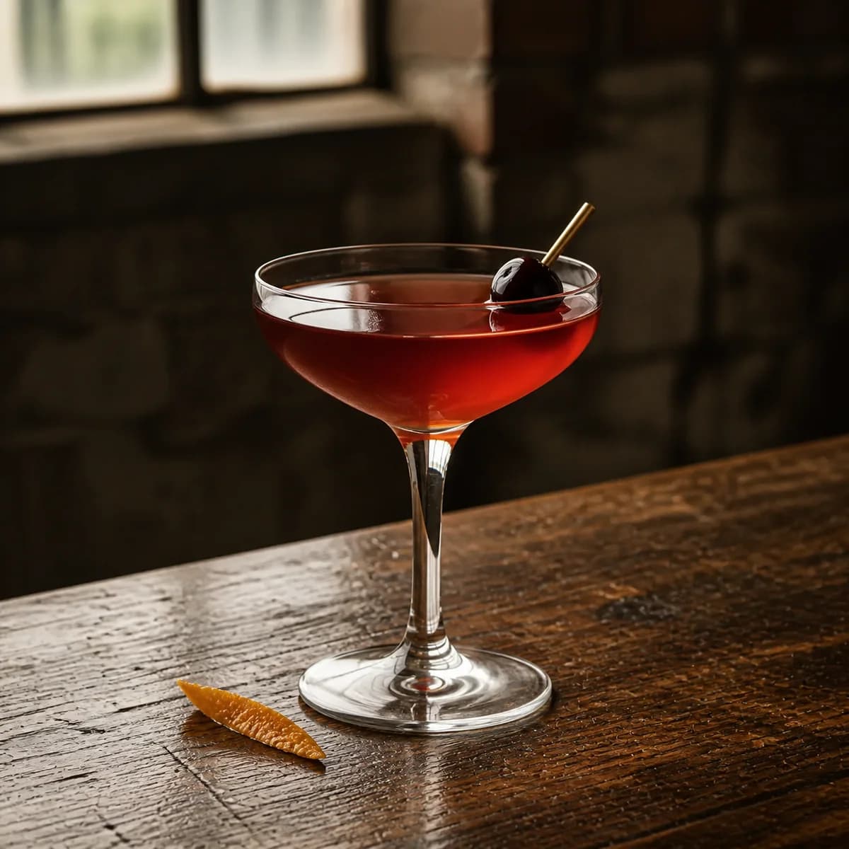 Chancellor in a clear shallow coupe styled in a refined warehouse tasting bar with rough brick, charred oak and one high factory window.