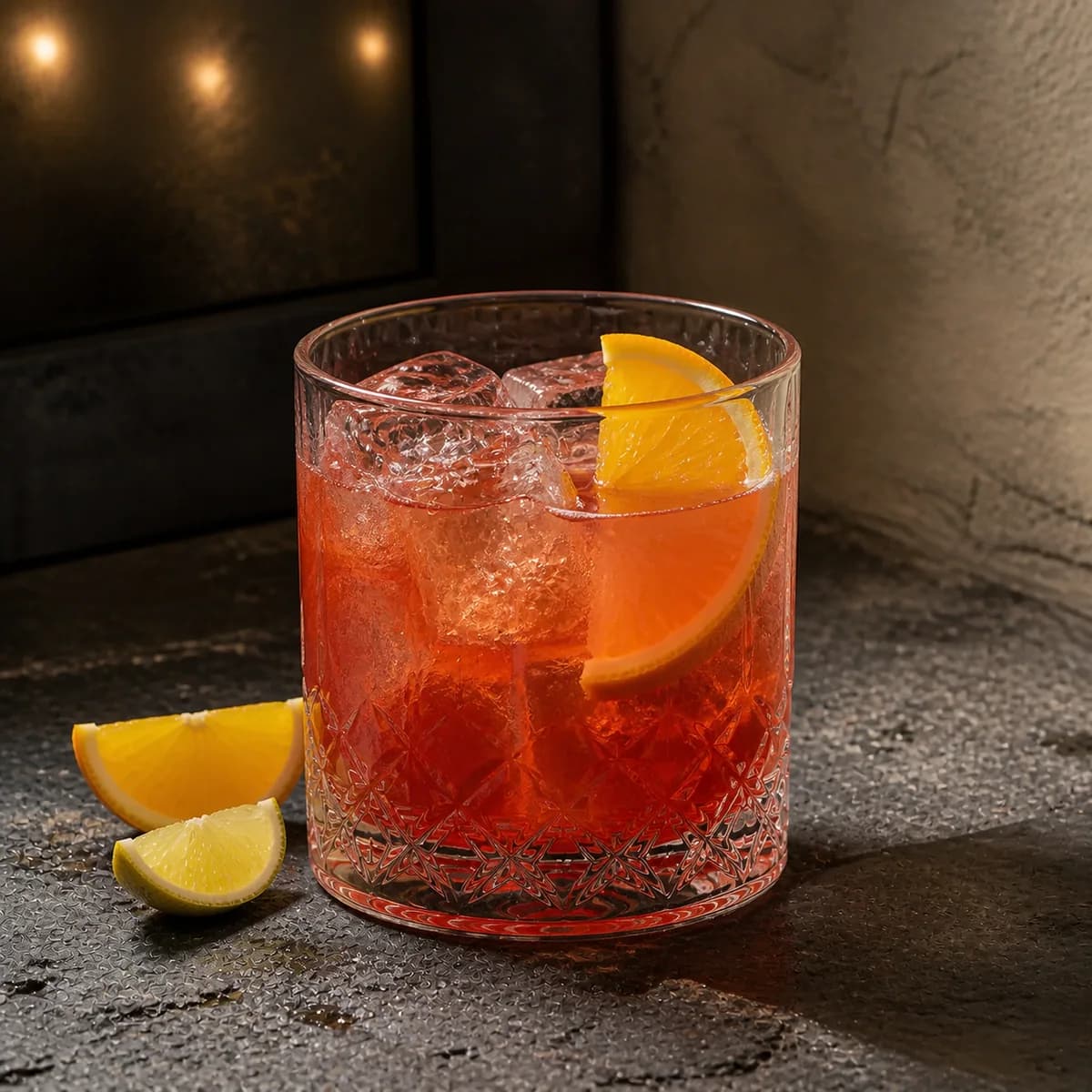 Chapala in a heavy low rocks glass styled in a restrained modern mezcalería with blackened steel, pale clay render and rough volcanic stone.