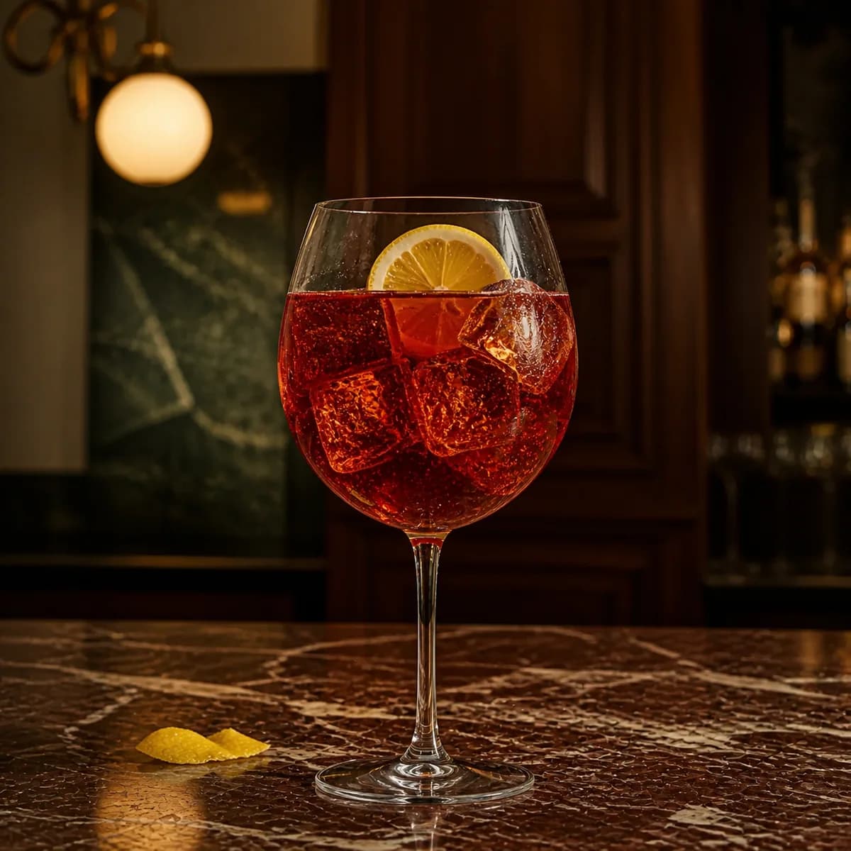 Chicago in a large stemmed balloon wine glass styled in a grand but lived-in hotel bar with veined stone, dark cherry wood and an opal pendant.