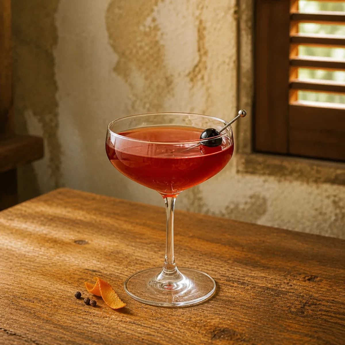 Chinese Cocktail in a clear shallow coupe styled in an old cane-house bar with pale rough plaster, honeyed wood and a distant slatted window.