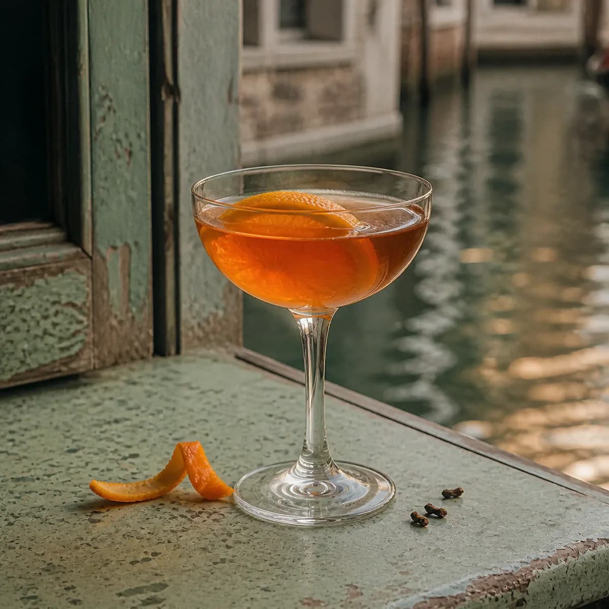 Chrysanthemum in a clear shallow coupe styled in a quiet canal café bar with worn celadon paint, old terrazzo and watery reflections in the distance.