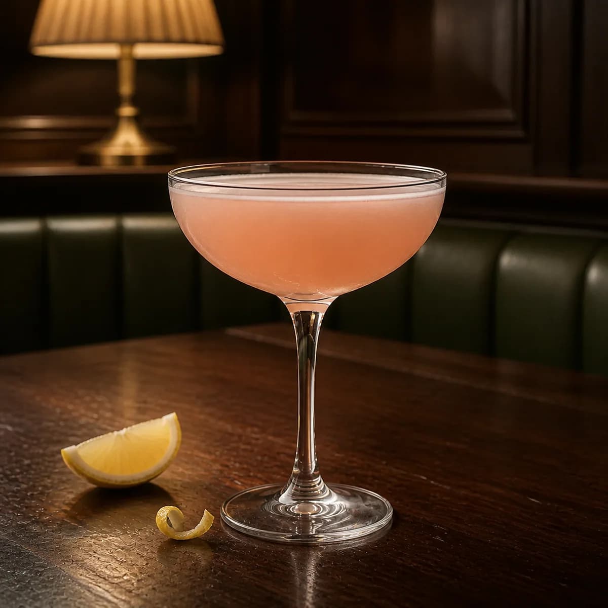 Clover Club in a clear shallow coupe styled in a quiet old hotel bar with sage leather, dark oak and one shaded brass lamp.