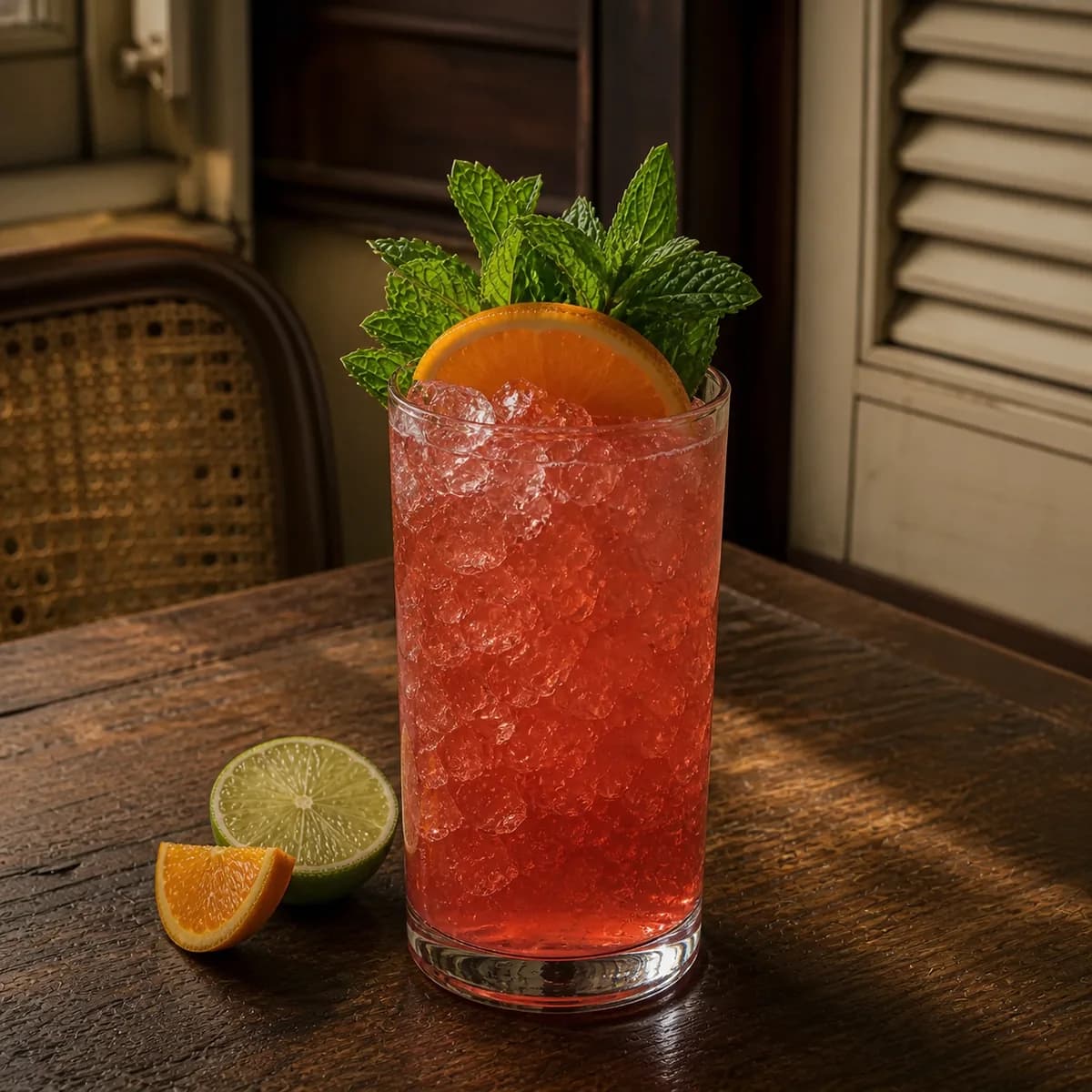 Cobra's Fang in a tall straight-sided highball glass styled in a quiet colonial gallery bar with worn cane furniture, dark mahogany and cream shutters.