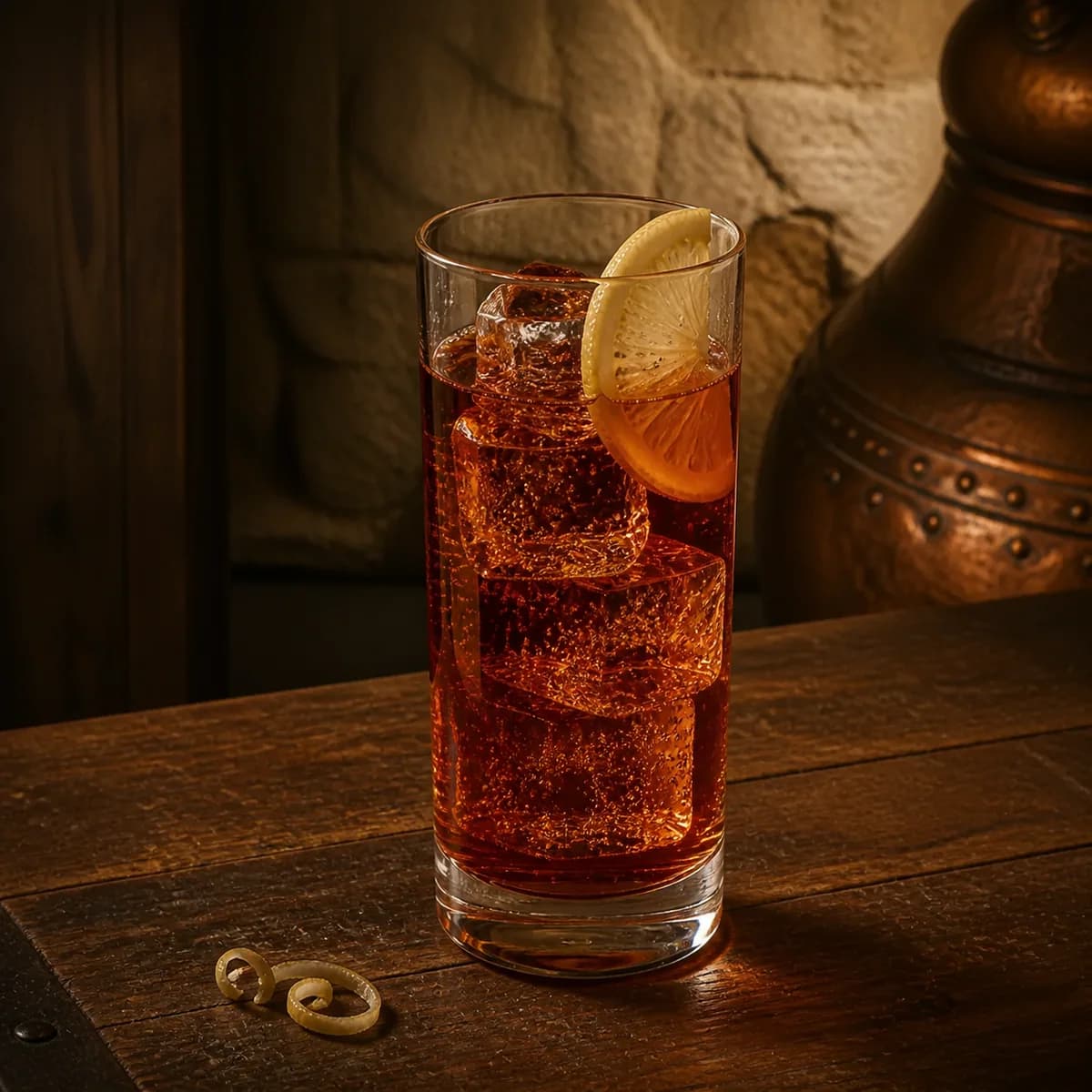 Cognac Highball in a tall straight-sided highball glass styled in an intimate cellar salon with limewashed masonry, old oak and tarnished copper.