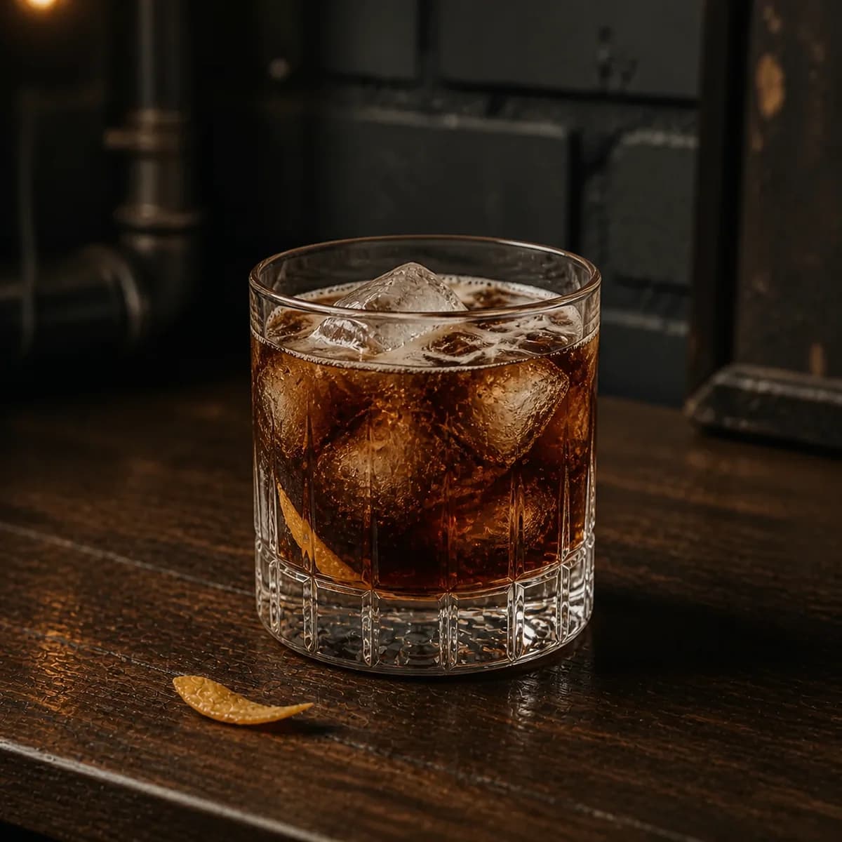 Colorado Bulldog in a heavy low rocks glass styled in a lived-in industrial loft bar with charcoal brick, scratched walnut and aged metal details.