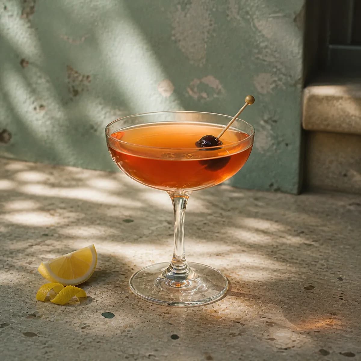 Columbia in a clear shallow coupe styled in a shaded island courtyard bar with faded sea-green render, old terrazzo and a single palm shadow.