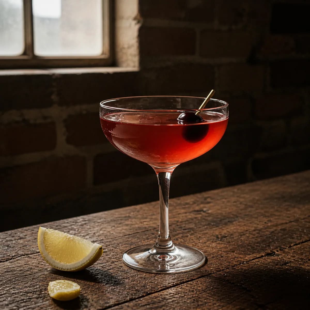 Commodore in a clear shallow coupe styled in a refined warehouse tasting bar with rough brick, charred oak and one high factory window.