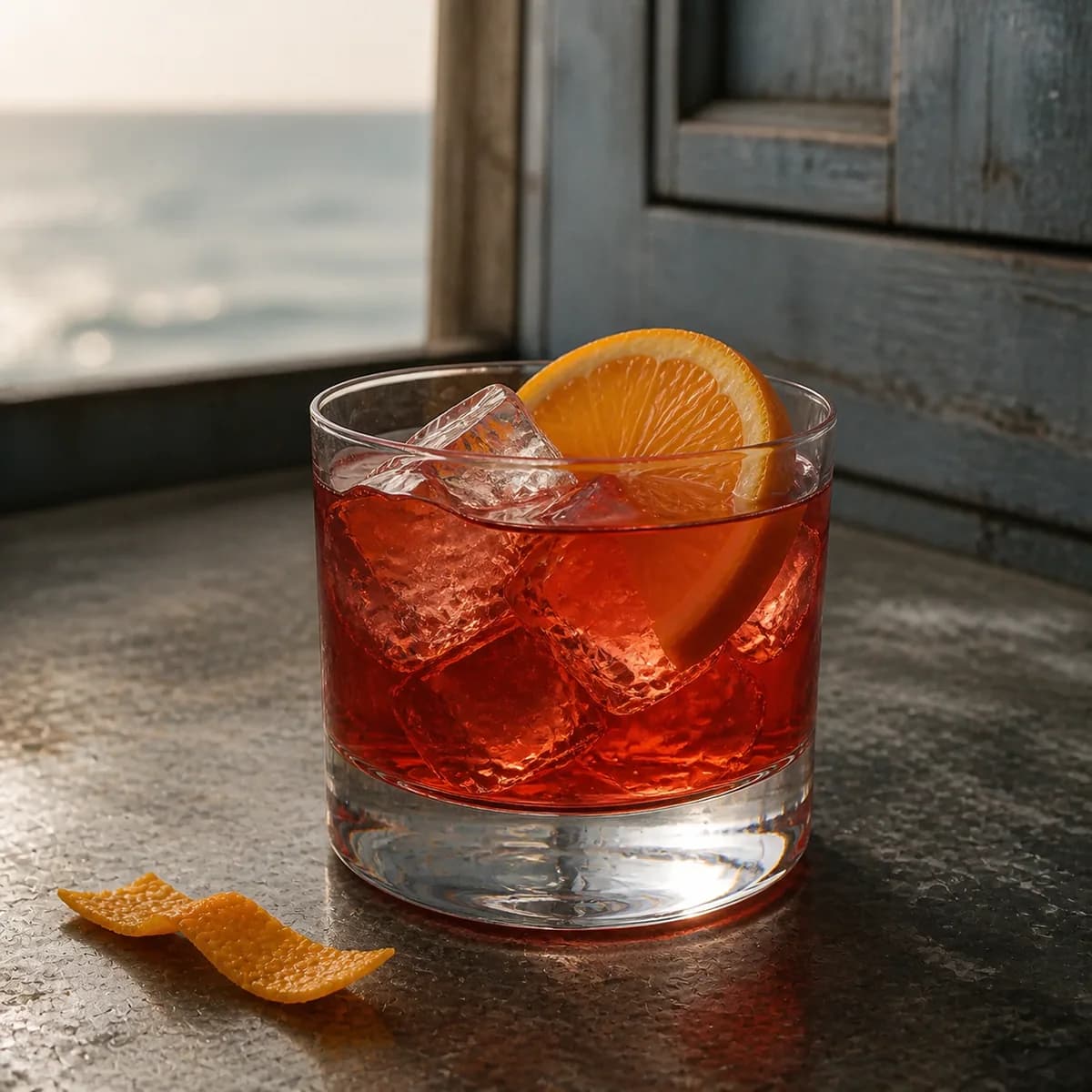 Contessa in a heavy low rocks glass styled in a coastal brasserie bar with weathered blue-gray paneling, zinc counter and hazy sea light.
