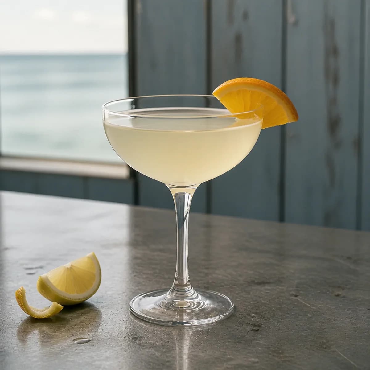 Corpse Reviver #2 in a clear shallow coupe styled in a coastal brasserie bar with weathered blue-gray paneling, zinc counter and hazy sea light.