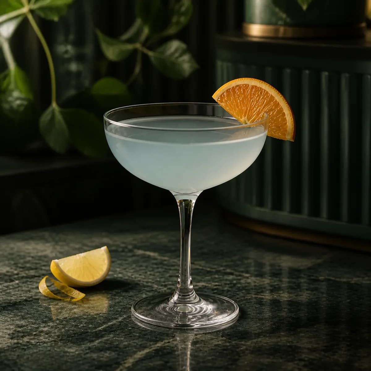Corpse Reviver Bleu in a clear shallow coupe styled in a restrained botanical bar with dark green painted wood, ribbed glass and a few out-of-focus leaves.