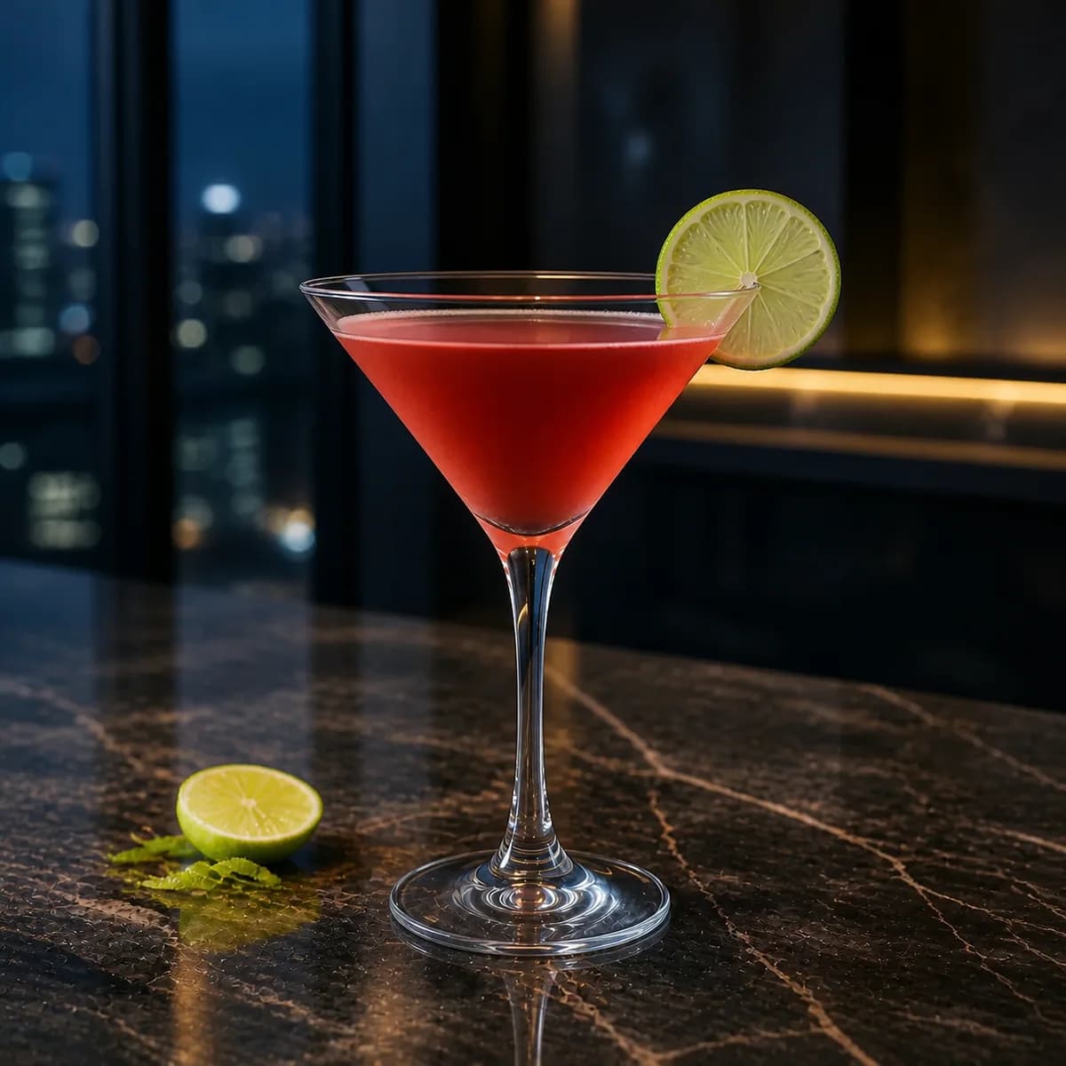 Cosmopolitan in a sharp V-shaped martini glass styled in a contemporary city hotel bar with smoked navy walls, honed stone and distant window reflections.