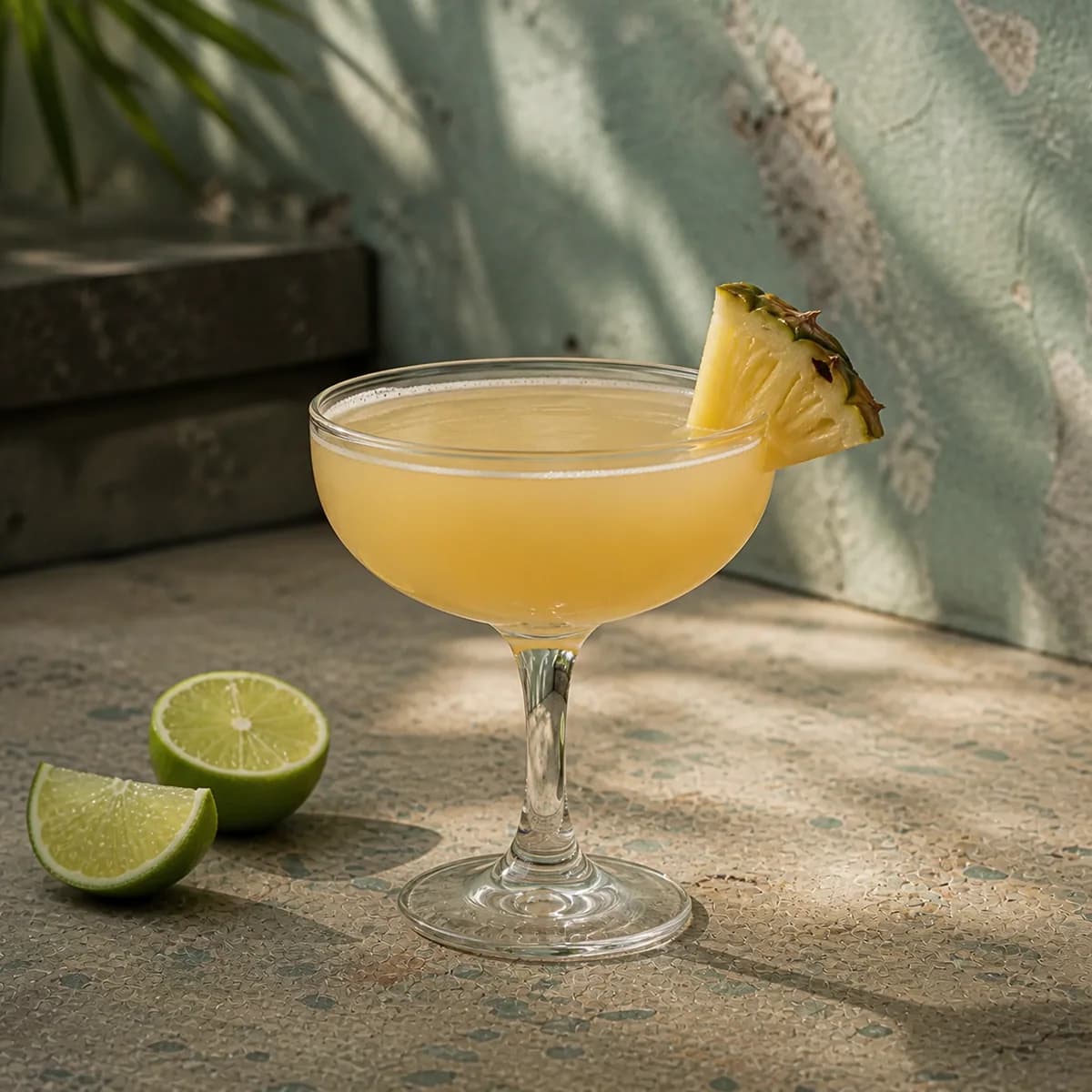 Cuban Special in a clear shallow coupe styled in a shaded island courtyard bar with faded sea-green render, old terrazzo and a single palm shadow.