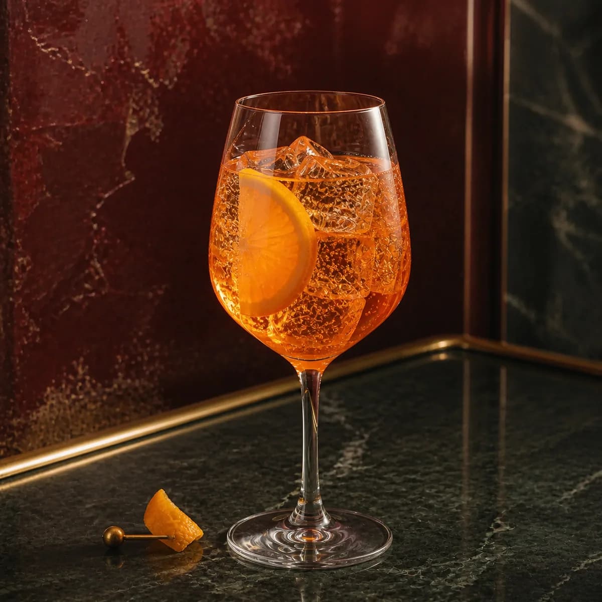 Amaro Spritz in a large stemmed balloon wine glass styled in a Milan aperitivo bar with oxblood hand-painted plaster, asymmetric aged brass and dark green marble.