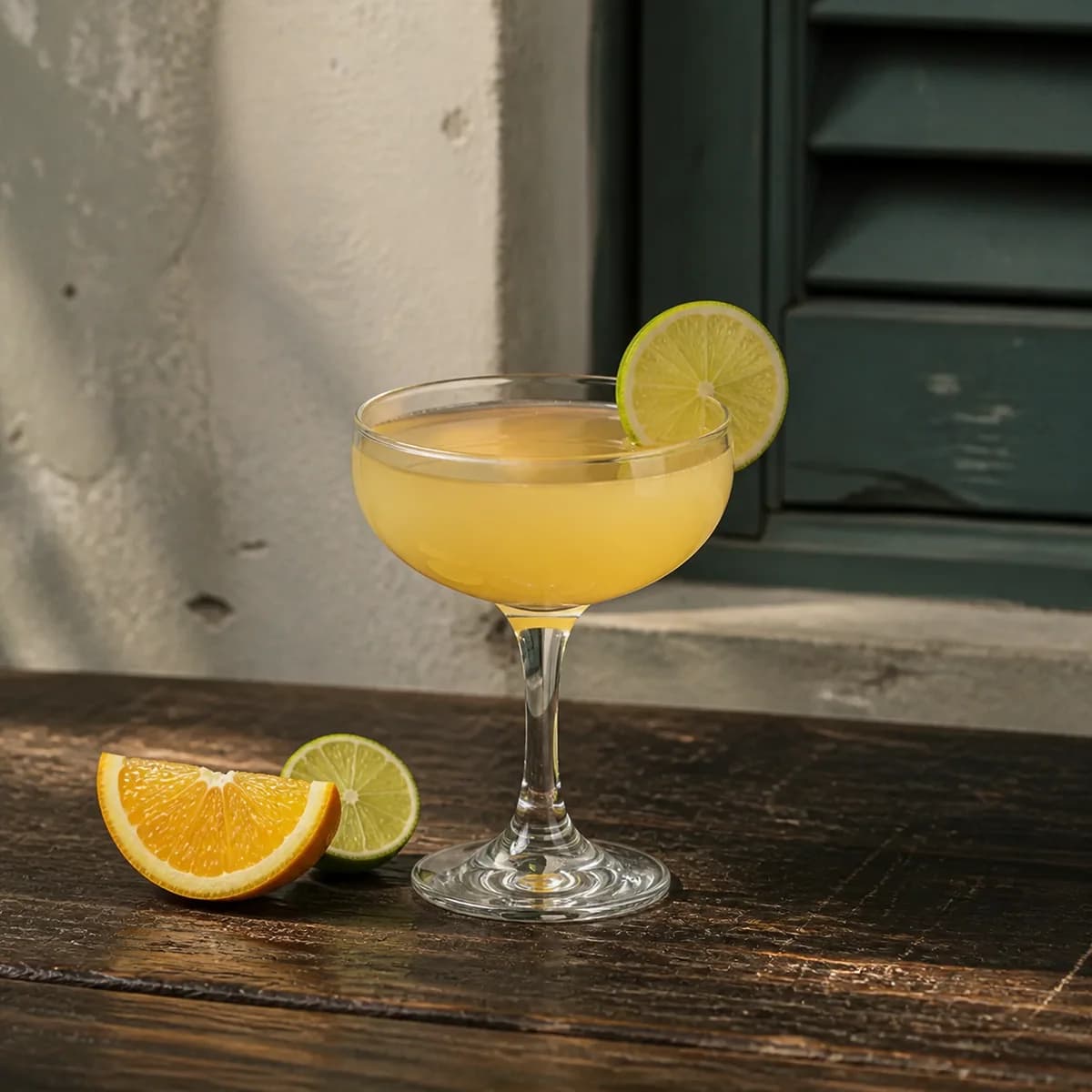 Daiquiri No. 2 in a clear shallow coupe styled in a lived-in Cuban veranda with aged mineral plaster, a soft off-centre shutter and worn dark wood.
