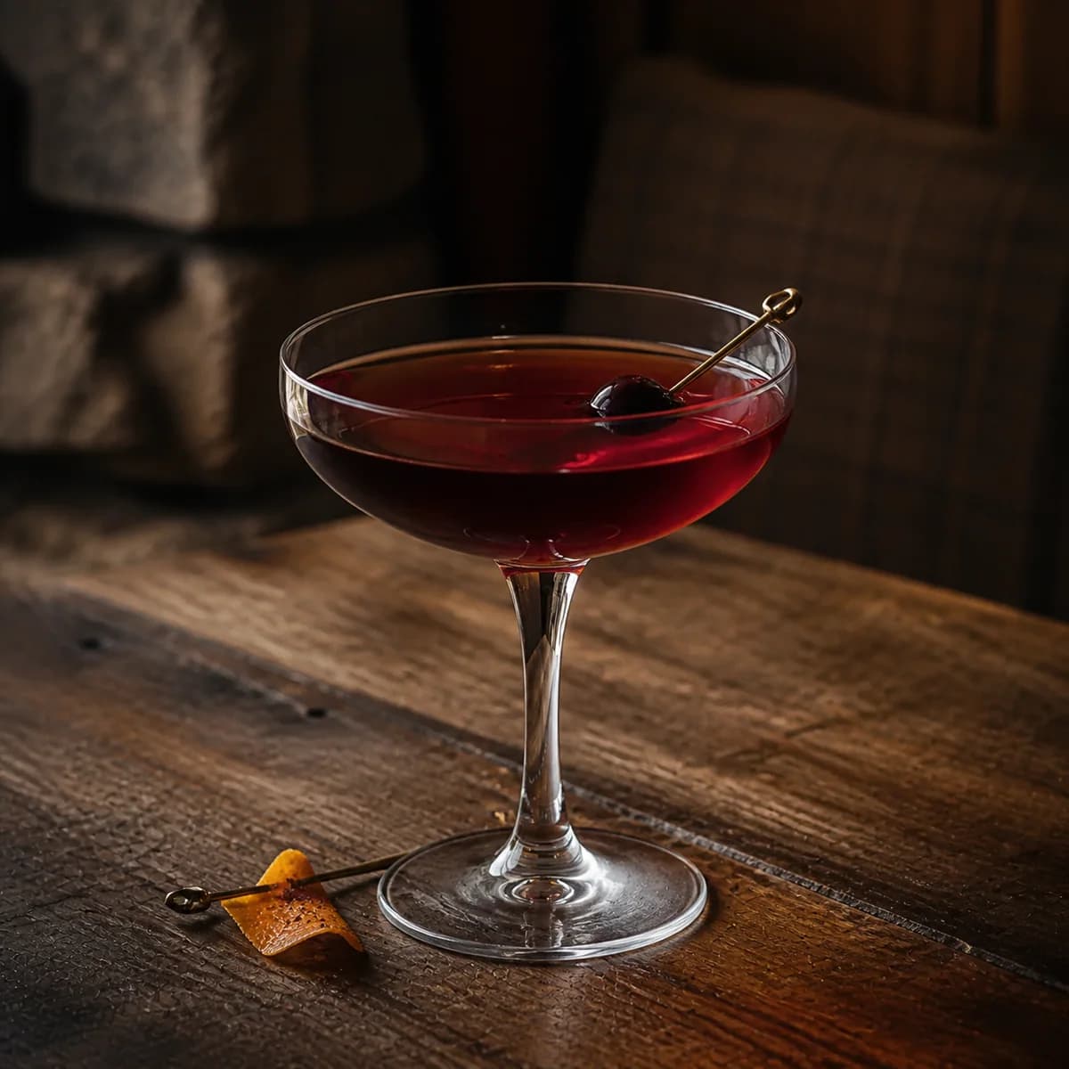 De La Louisiane in a clear shallow coupe styled in a mountain lodge bar with timeworn oak, dark wool and rough local stone.