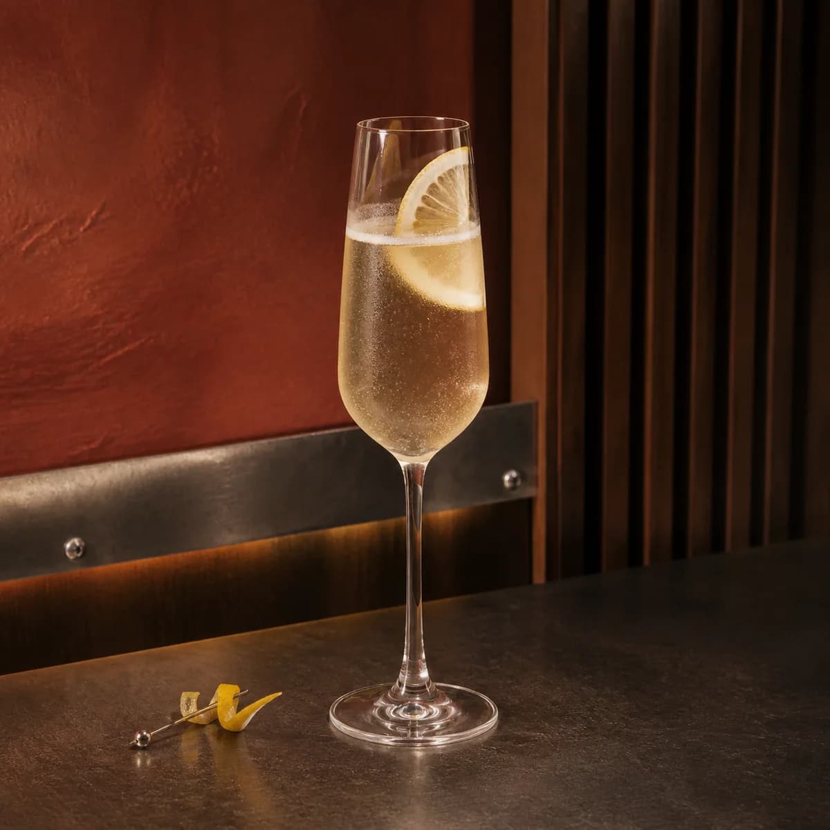 Death in the Afternoon in a slender champagne flute styled in a modern amaro bar with ribbed walnut, smoked red plaster and brushed pewter.