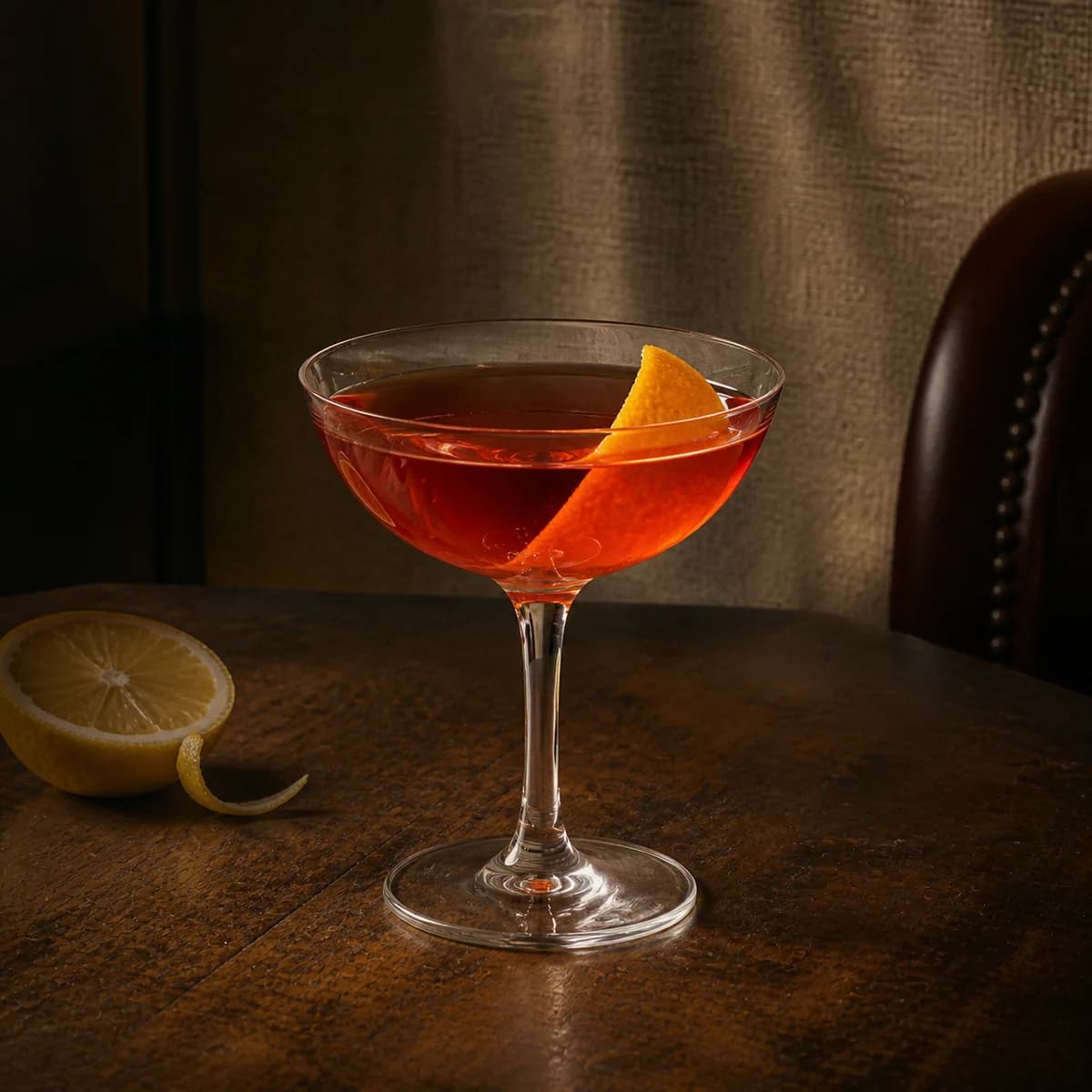 Deauville in a clear shallow coupe styled in a quiet drawing-room bar with tobacco linen, walnut and one worn leather chair edge.