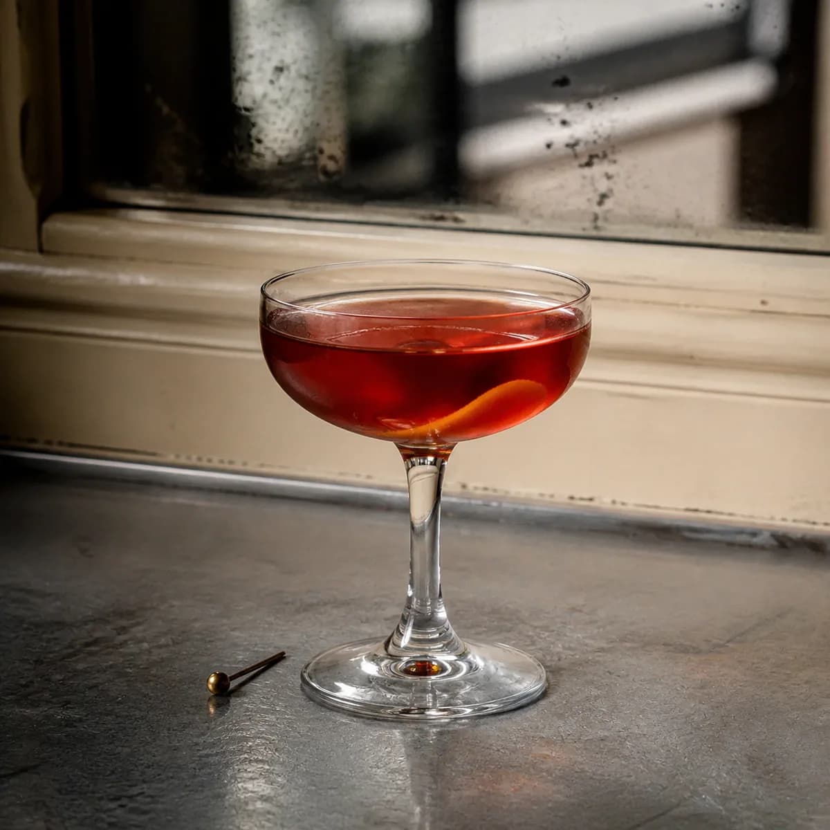 Dempsey in a clear shallow coupe styled in a small French café bar with aged mirror, zinc counter and cream-painted wood.