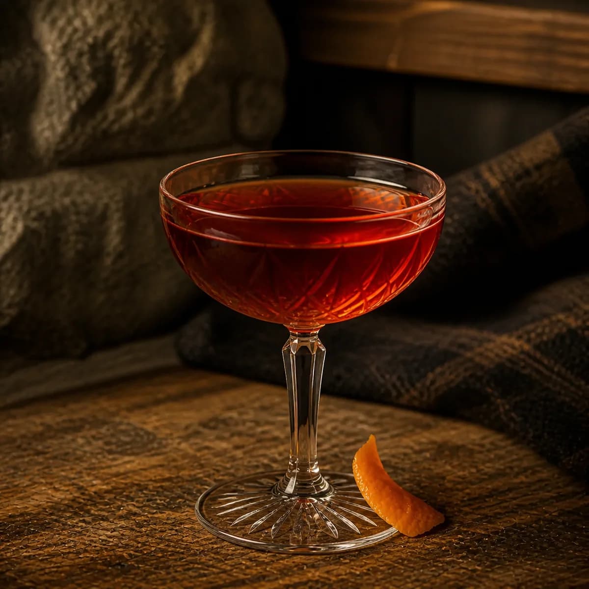 Diamondback in a clear shallow coupe styled in a mountain lodge bar with timeworn oak, dark wool and rough local stone.