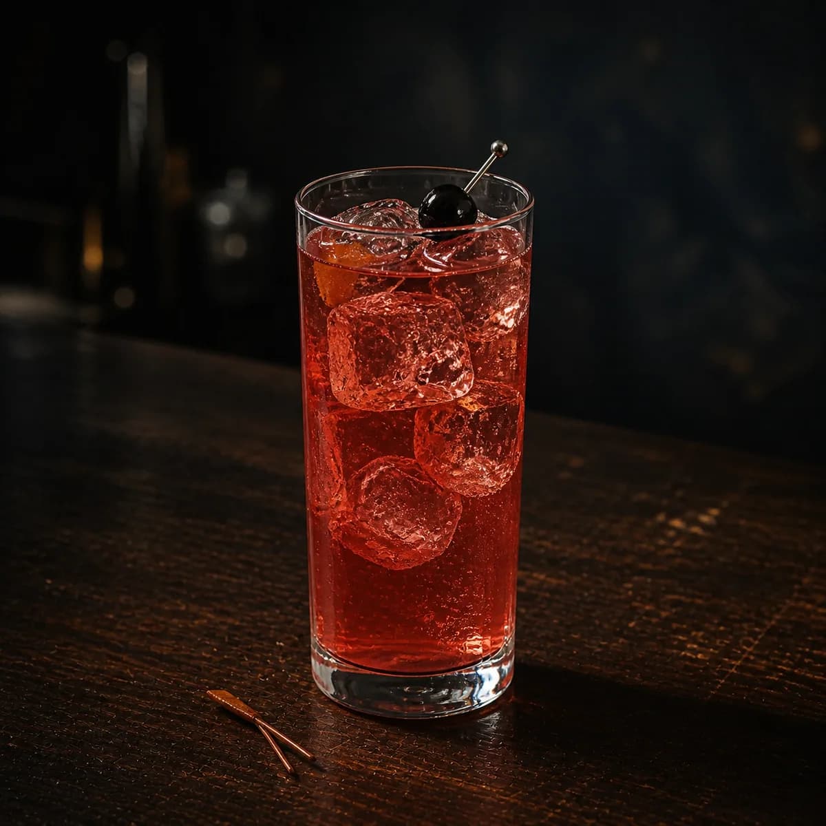 Dirty Shirley in a tall straight-sided highball glass styled in a late-night espresso bar with smoky navy limewash, scratched dark oak and restrained chrome highlights.