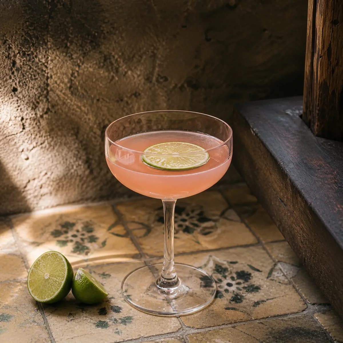 Division Bell in a clear shallow coupe styled in an Oaxacan courtyard bar with smoke-darkened clay plaster, handmade tile and old timber.