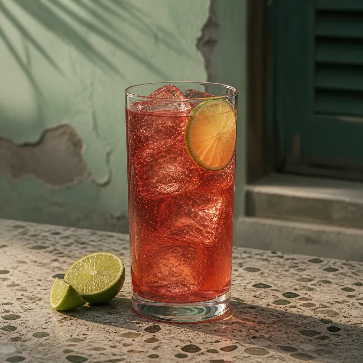 Doctor Funk in a tall straight-sided highball glass styled in a shaded island courtyard bar with faded sea-green render, old terrazzo and a single palm shadow.