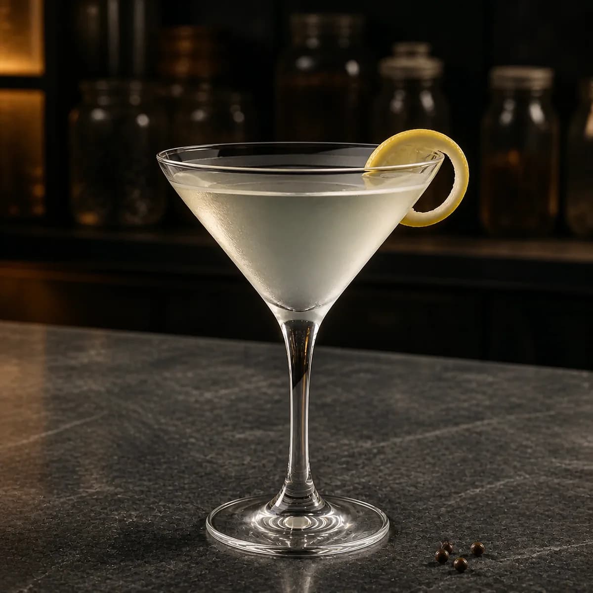 Dry Martini in a sharp V-shaped martini glass styled in a modern apothecary-style bar with charcoal slate, smoked glass and unlabeled botanical jars in blur.