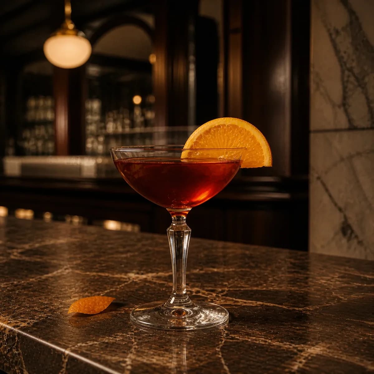 East India in a clear shallow coupe styled in a grand but lived-in hotel bar with veined stone, dark cherry wood and an opal pendant.