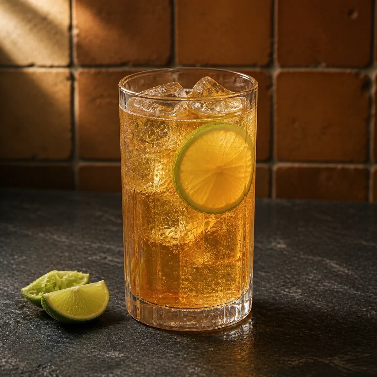 El Diablo in a tall straight-sided highball glass styled in a contemporary cantina with handmade terracotta zellige, imperfect grout and matte charcoal soapstone.