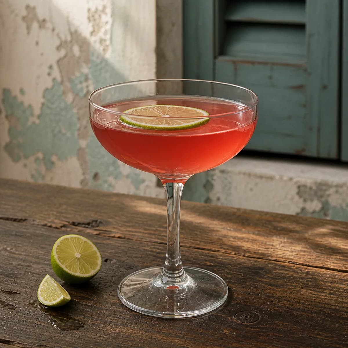 El Floridita in a clear shallow coupe styled in a lived-in Cuban veranda with aged mineral plaster, a soft off-centre shutter and worn dark wood.