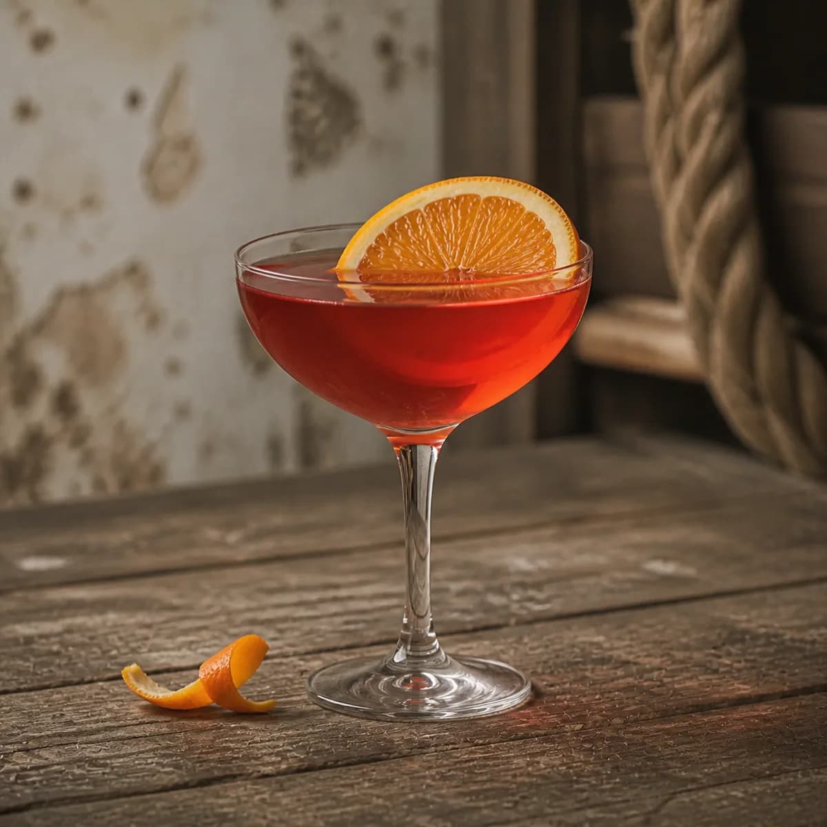 El Presidente in a clear shallow coupe styled in a quiet harbor rum bar with salt-worn timber, limewashed walls and one blurred rope detail.